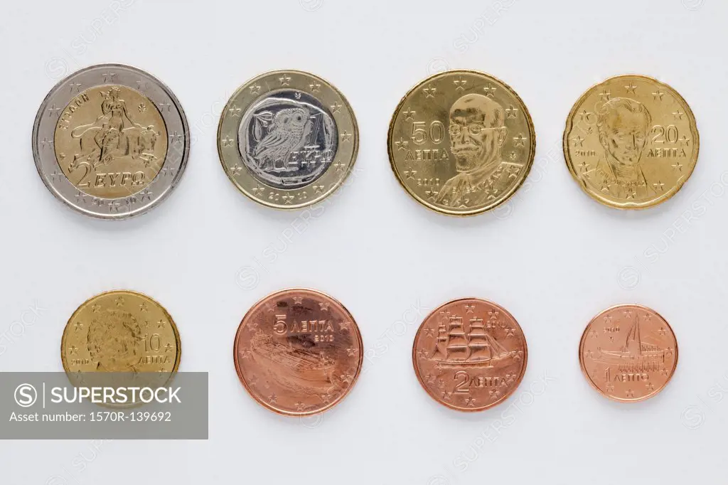 Greek euro coins arranged in numerical order, rear view