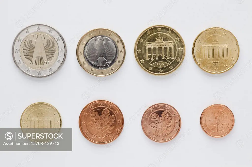 German euro coins arranged in numerical order, rear view