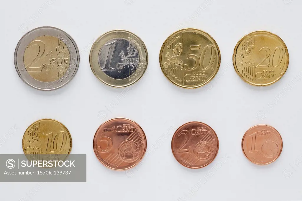Euro coins arranged in numerical order, front view