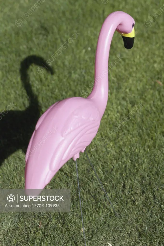 A plastic pink flamingo stuck in a lawn, close-up