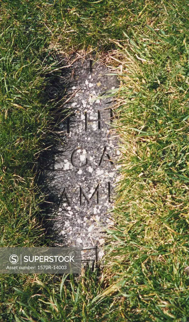 stone in the grass with writing on it