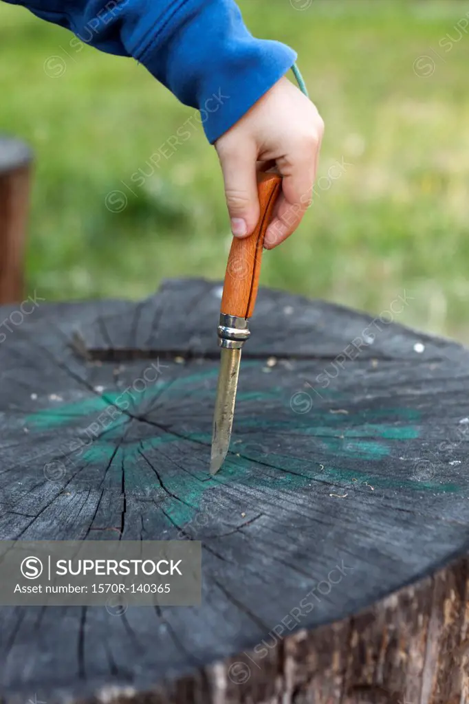 Detail of a boy holding a pocket knife on a tree stump