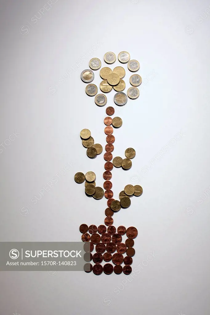 European Union coins arranged into a potted flower