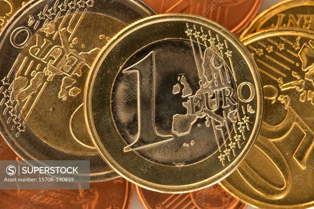 Close-up of various European Union coins