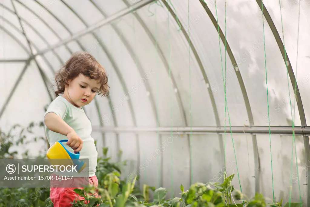 A young girl watering plants in a greenhouse