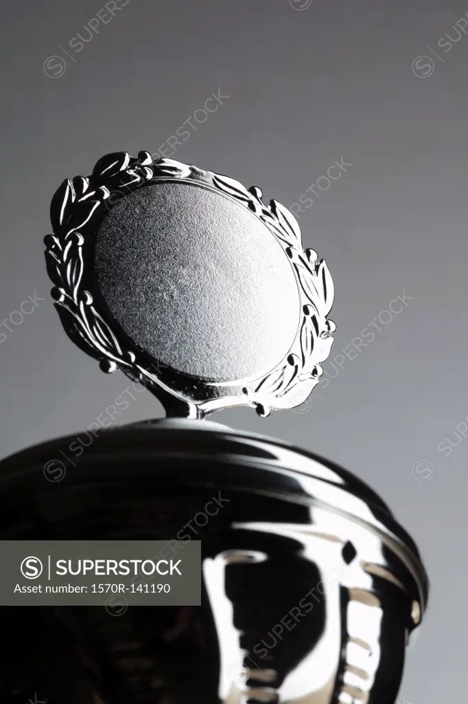 Close-up of a silver trophy with blank plaque surrounded by laurel wreath