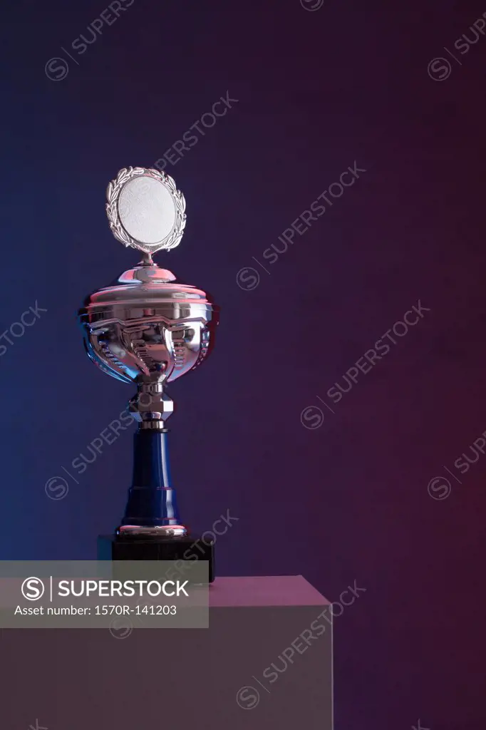 A silver trophy with blank plaque surrounded by laurel wreath