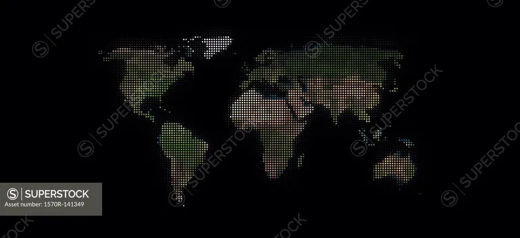 World map in dots against a black background