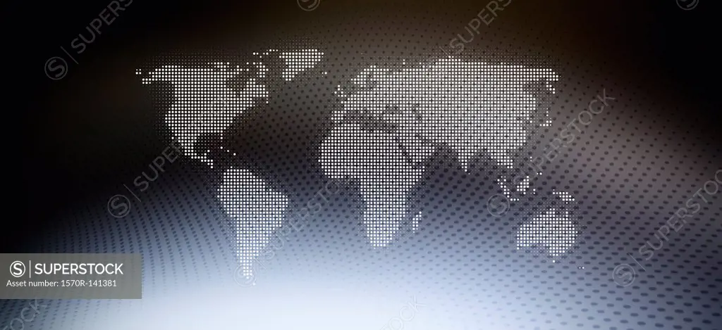 Map of the world in a dot pattern against an abstract background