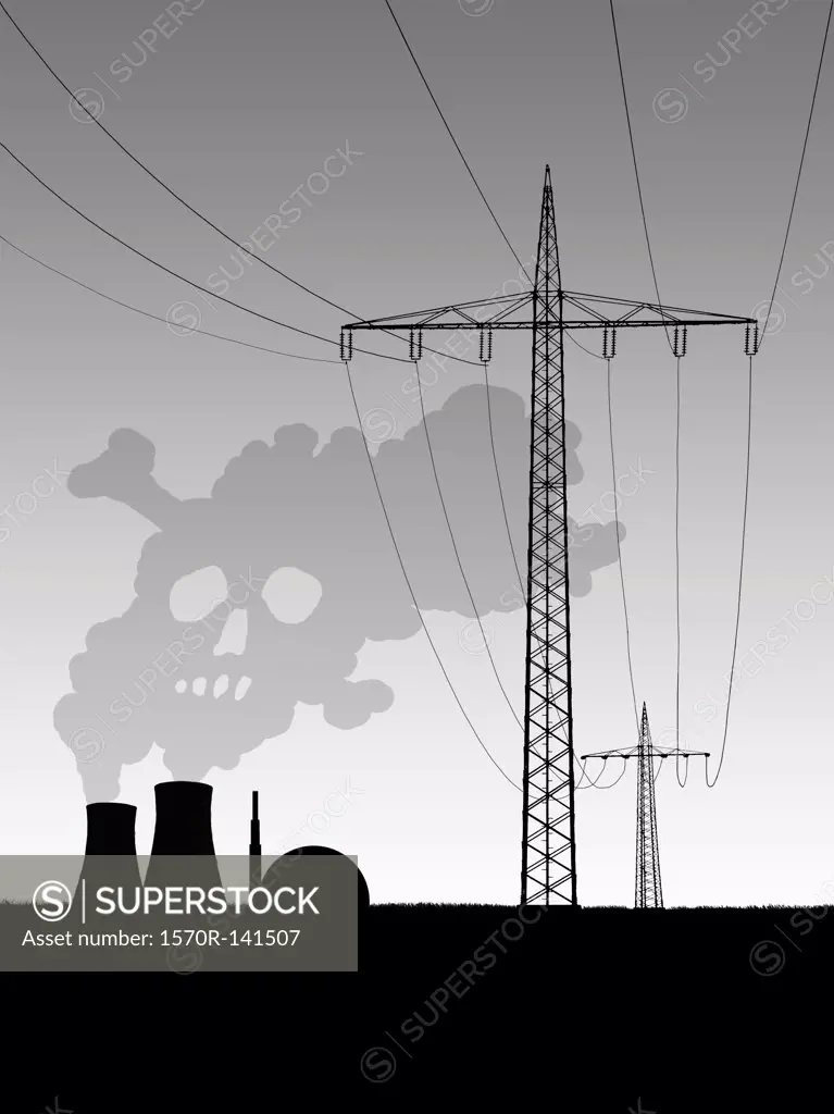 Electric pylons beside nuclear power station releasing smoke resembling a skull