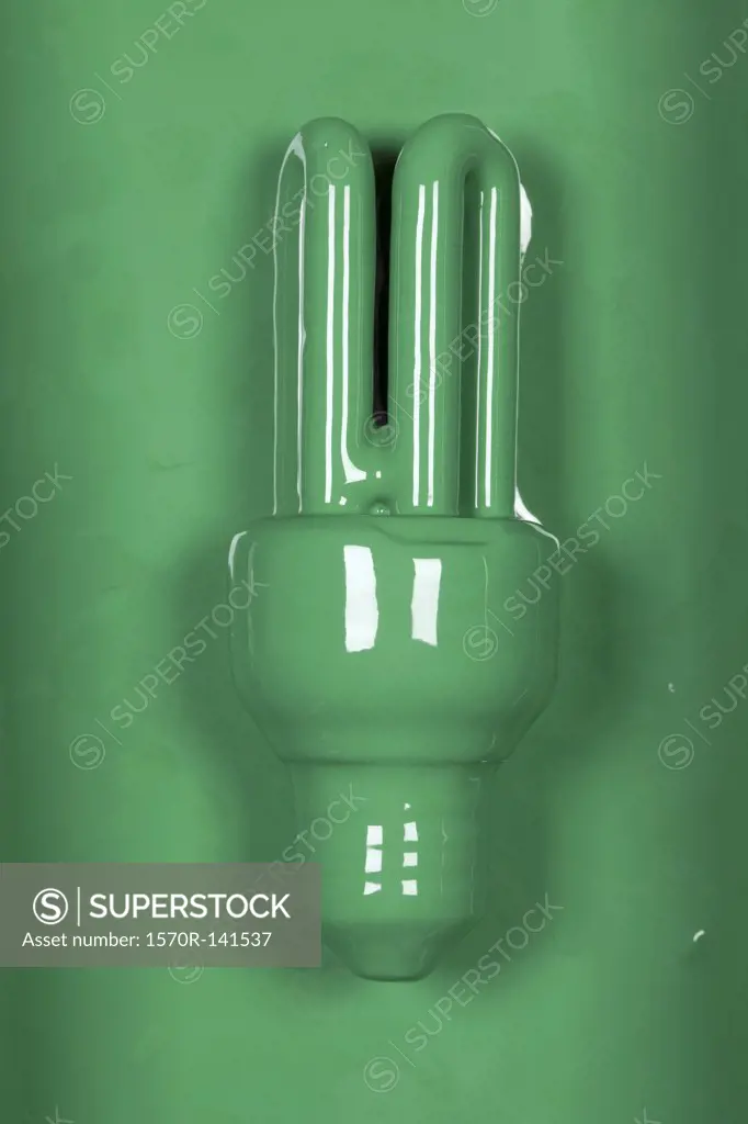 An energy efficient light bulb painted green
