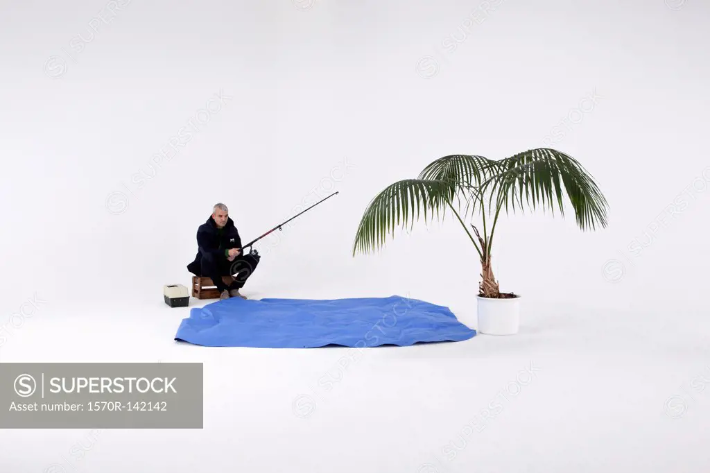A man pretend fishing in pretend water
