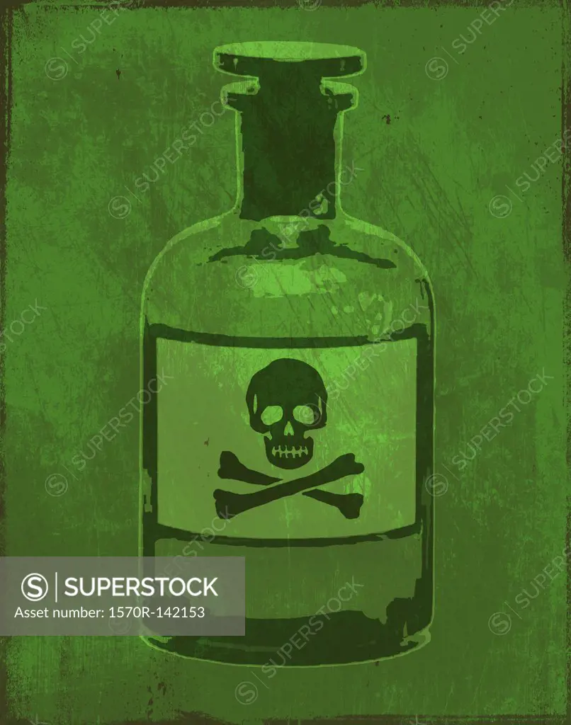 A painting of a bottle of poison with skull and crossbones