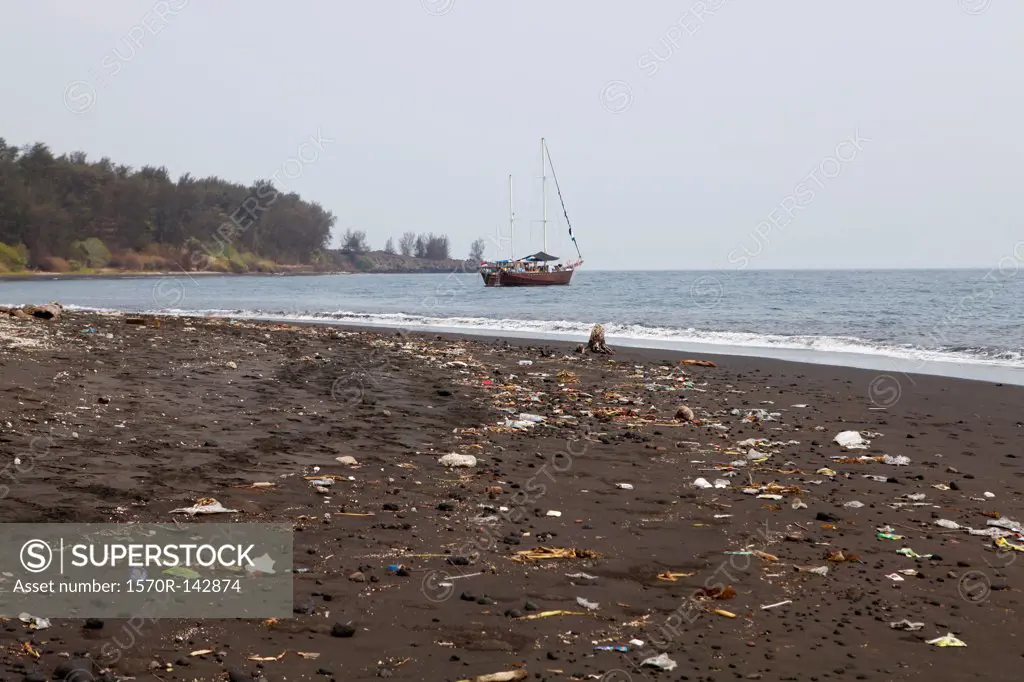 Litter washed up on the beach of Krakatoa Island, Indonesia