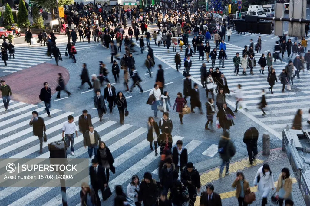 Crowd on pedestrian crossings in Shibuya, Japan