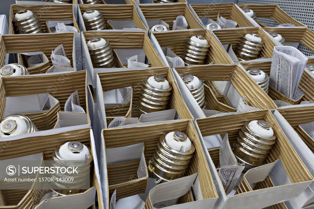 Boxes of packaged light bulbs
