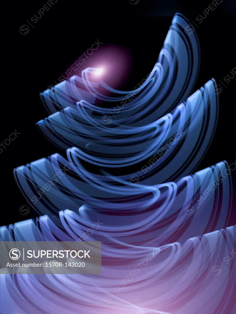 Violet, blue light trails creating an abstract wave pattern on black background