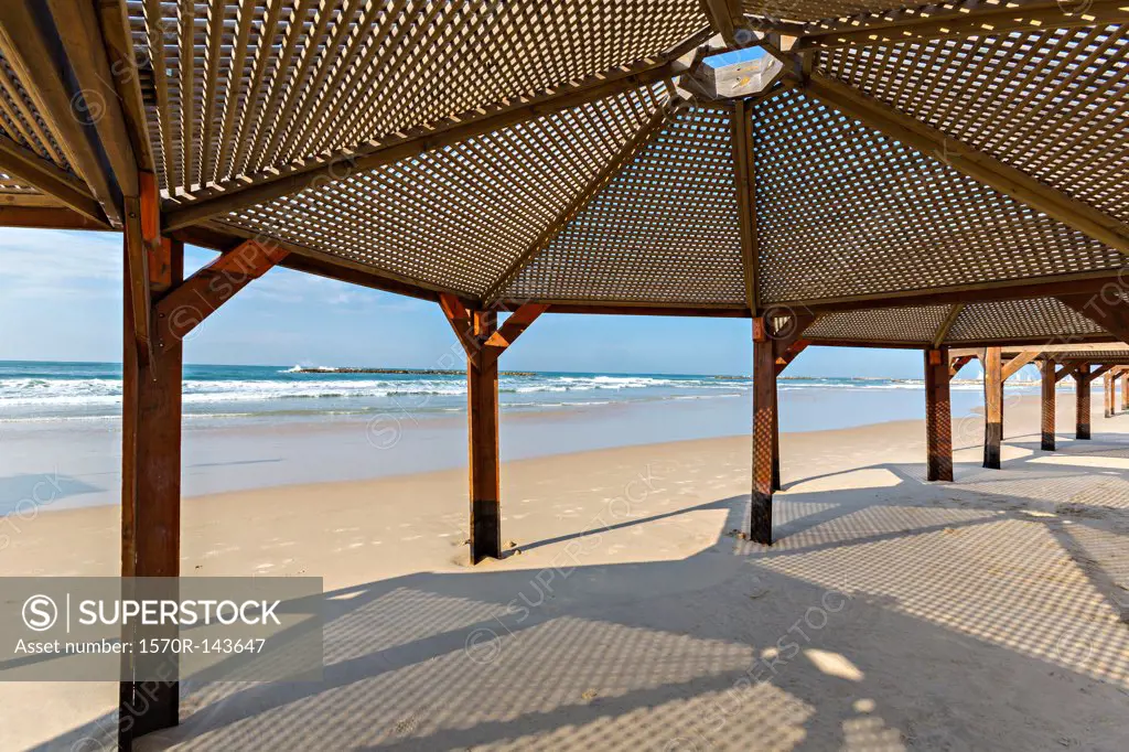 View of sea from under beach shelter in Voronezh, Russia