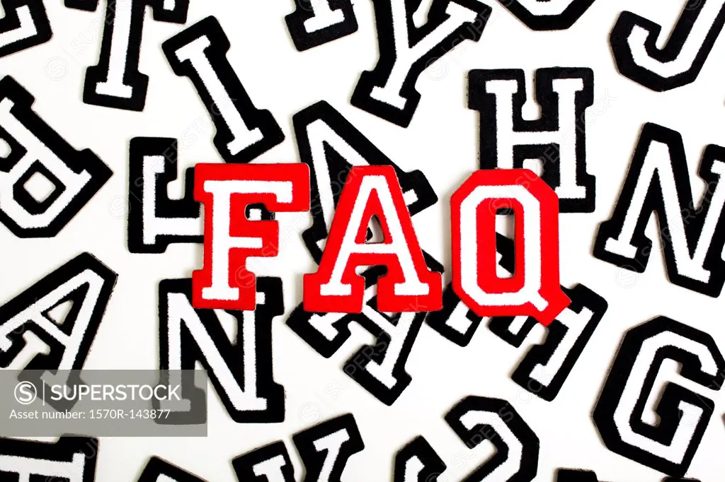 Red outlined varsity font stickers spelling FAQ on top of black outlined letters