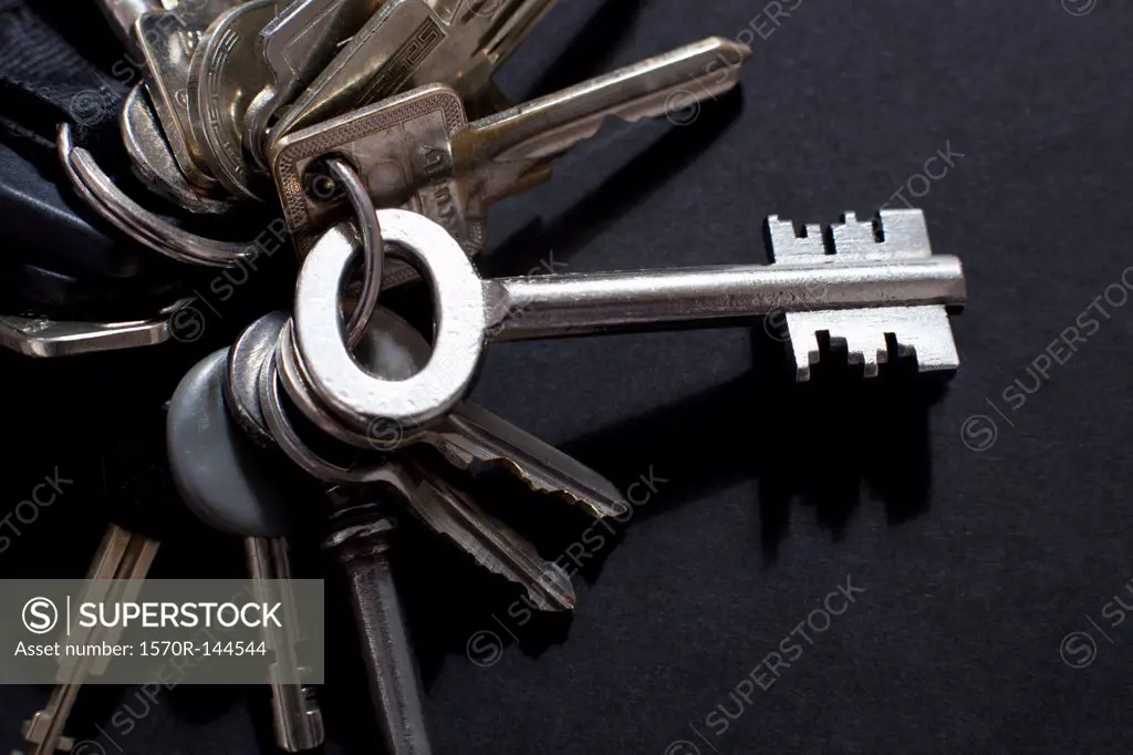 An odd shaped old-fashioned key sticking out from a key ring of various other keys