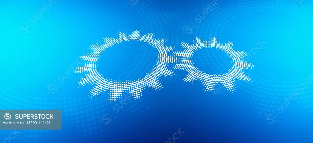 Two cogs against a blue background