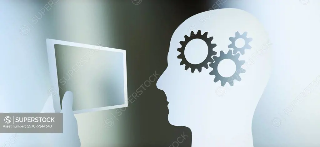Graphic of a man in profile with a cogs in his head looking at a tablet