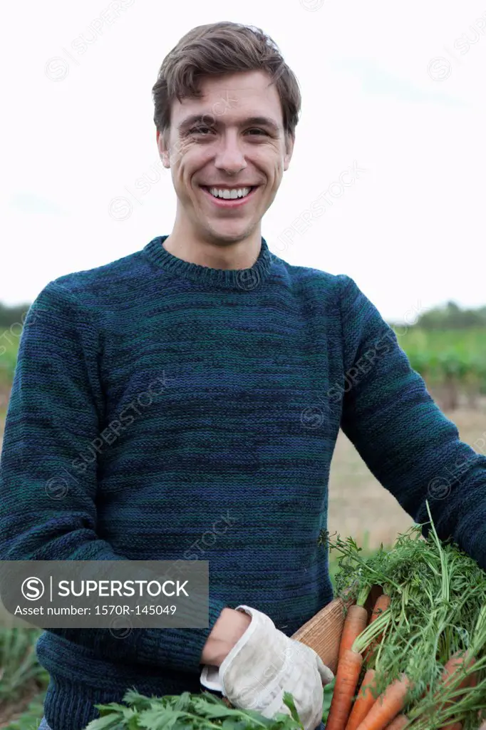 Man holding harvested carrots in field, portrait