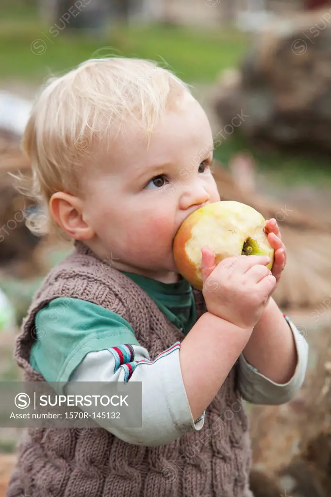 Baby boy eating apple, looking away