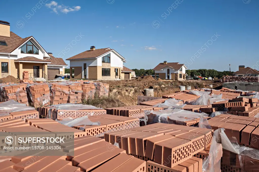 Stacks of hollow bricks at construction site