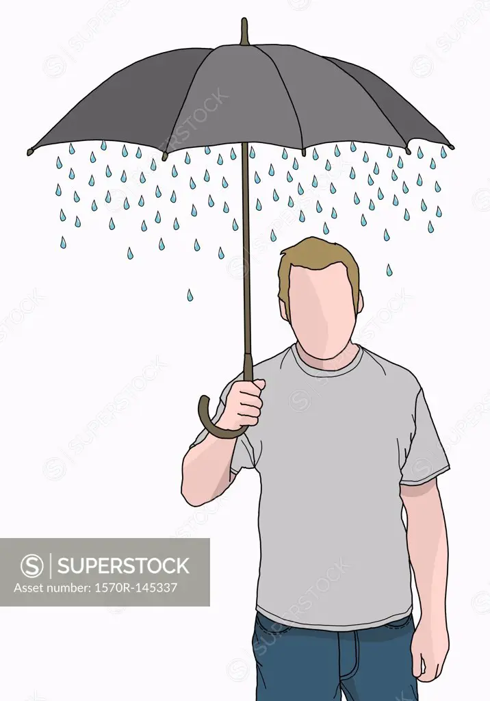 Illustration of man holding umbrella that rain is coming out of