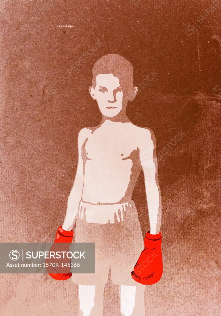 Illustration of boy wearing boxing gloves, portrait