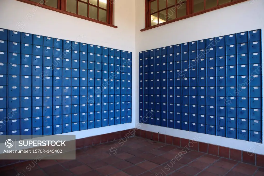 Locker room with blue lockers