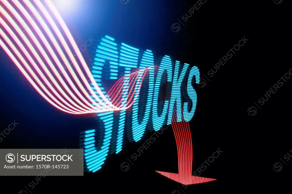 Down arrow sign and text 'Stocks' with light effect