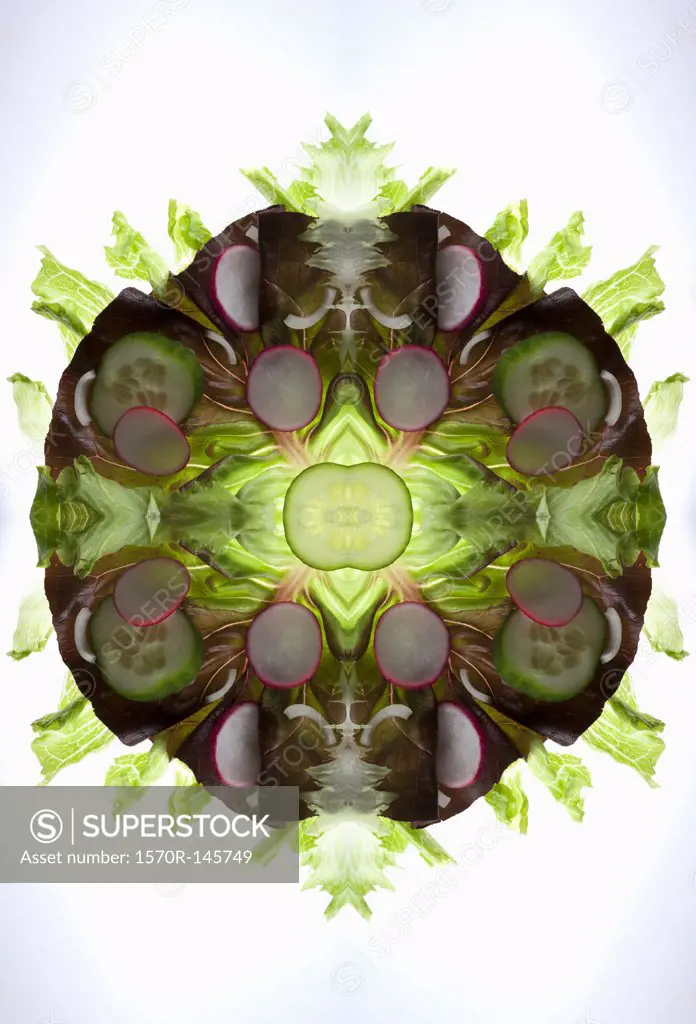 A digital composite of mirrored images of pieces of a mixed vegetable salad