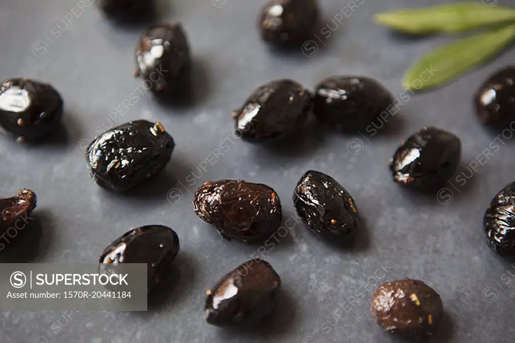 Black olives on table