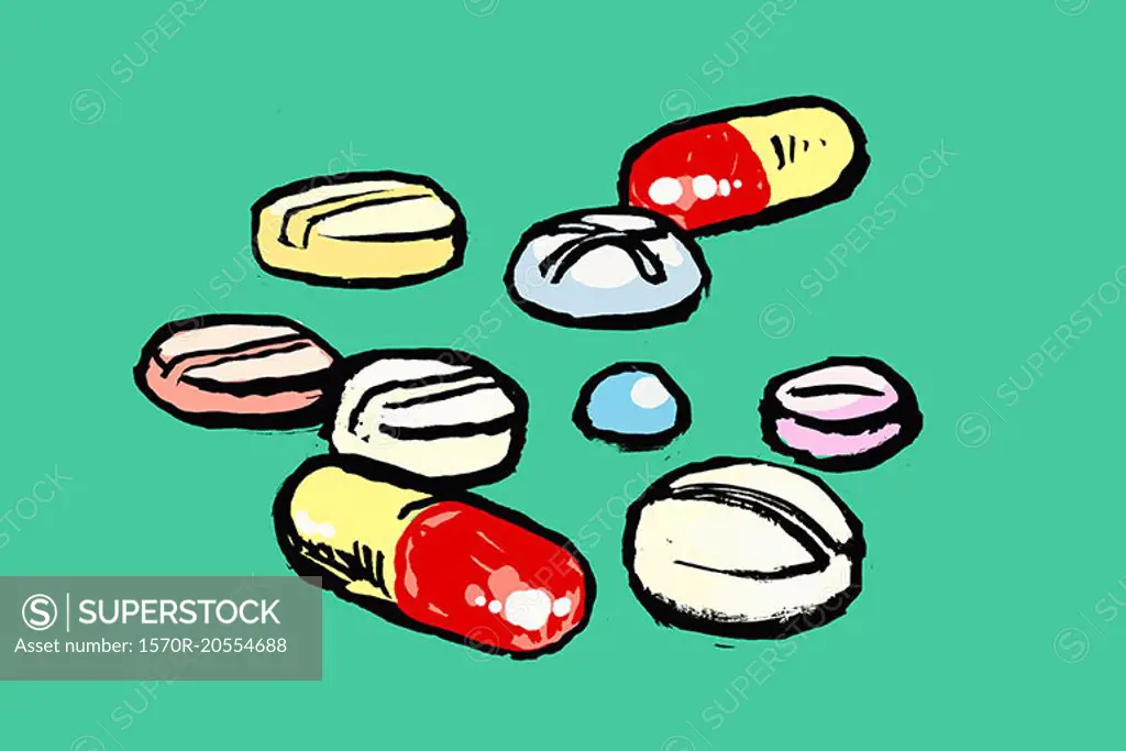Illustration of capsules and pills on green background