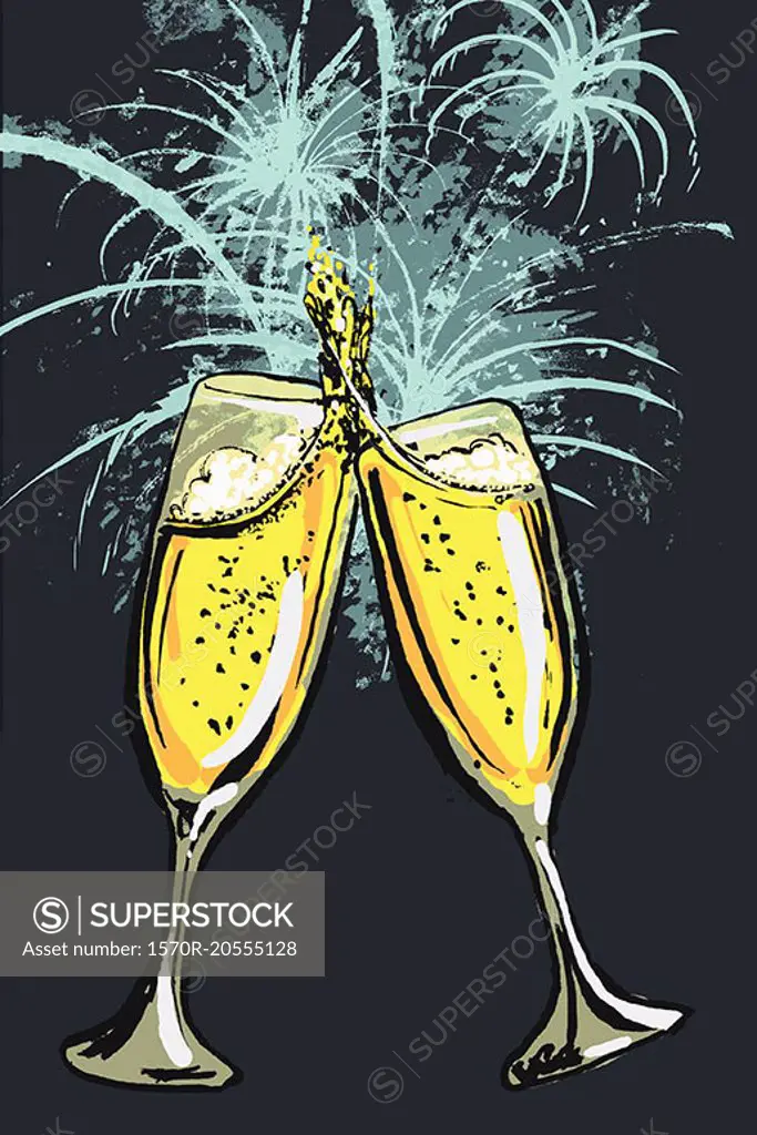 Illustration of champagne flutes toasting against fireworks