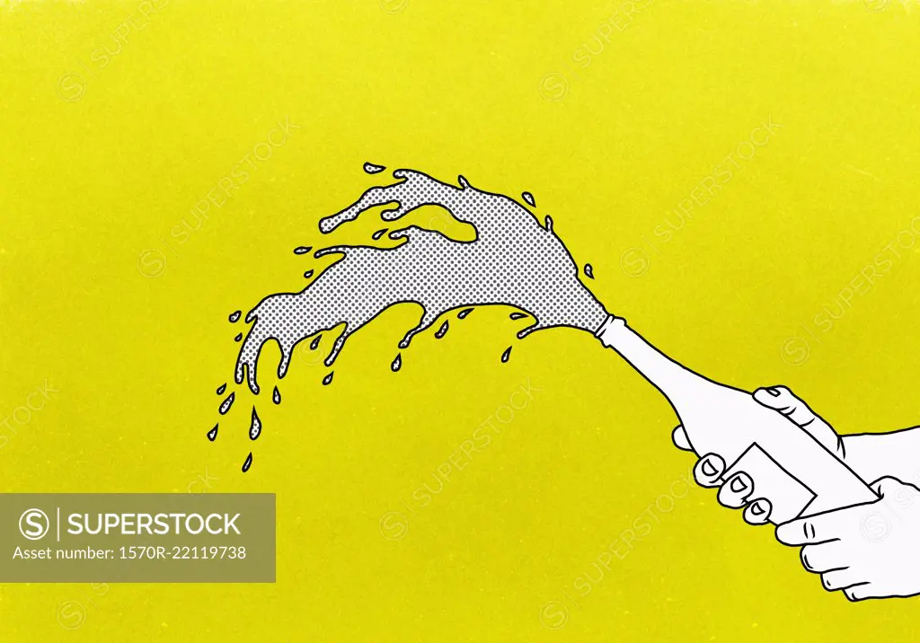 Exploding champagne on yellow background