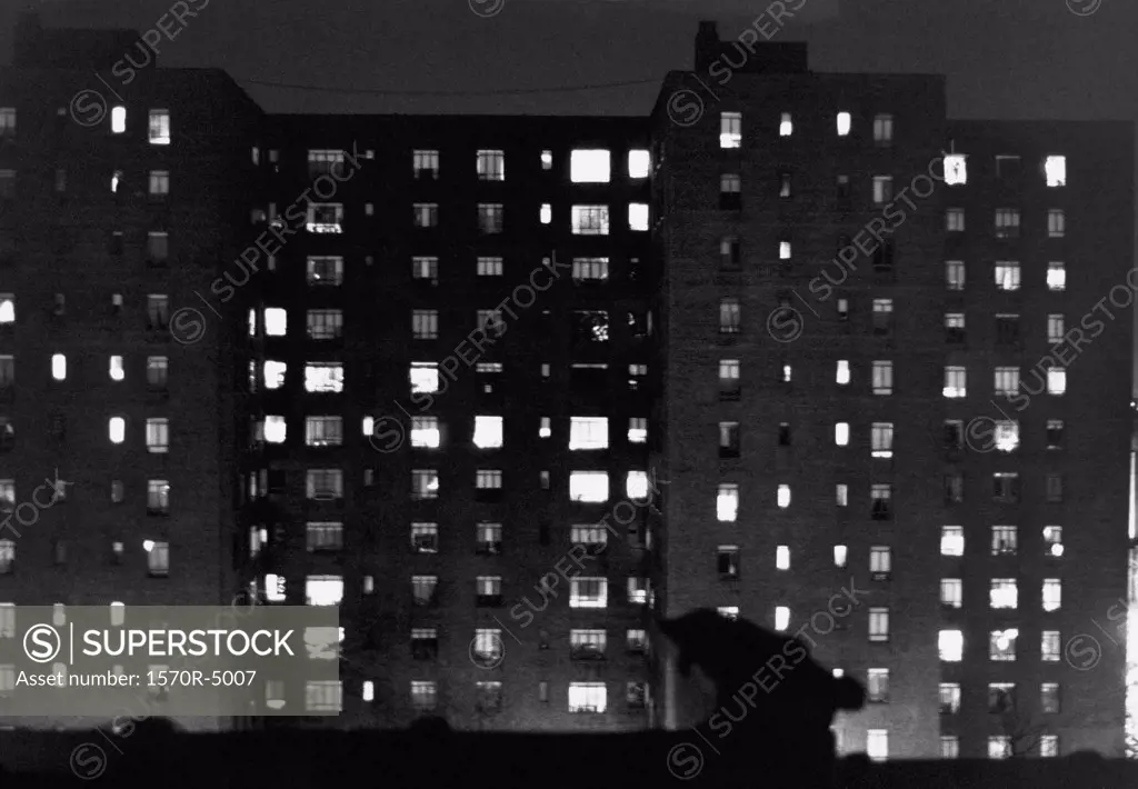 A New York city apartment building at night