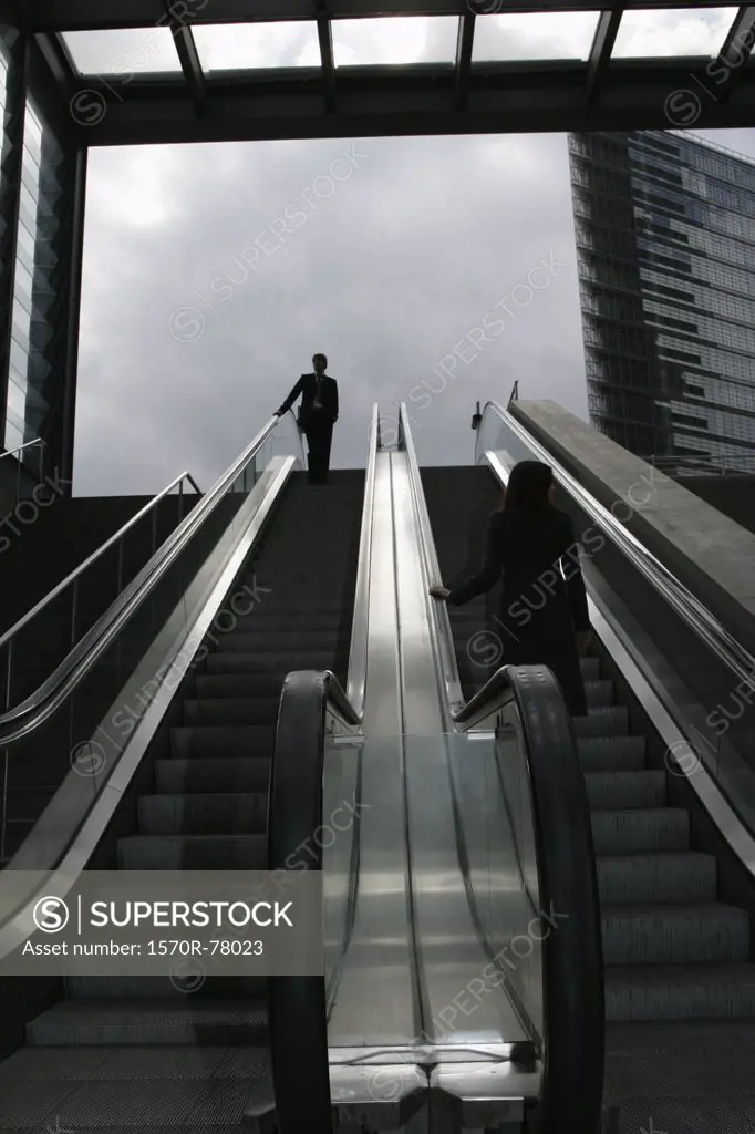 A businessman and a businesswoman riding an escalator