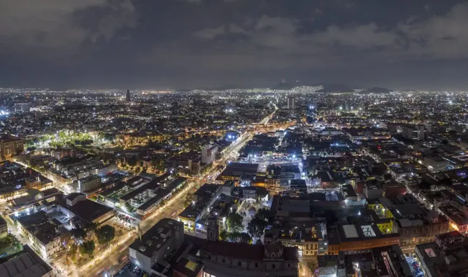 Aerial view Mexico City at night, Mexico