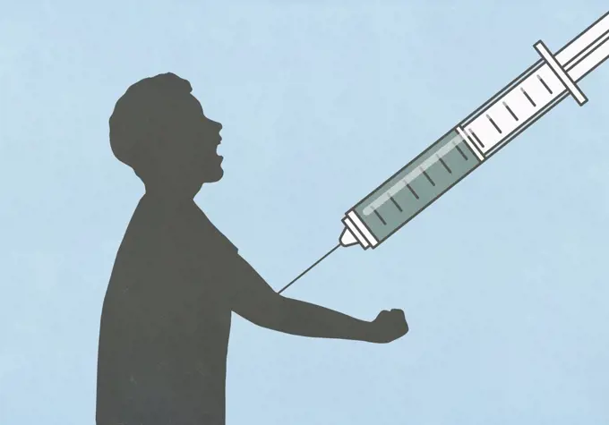 Large vaccination syringe injecting arm of screaming man