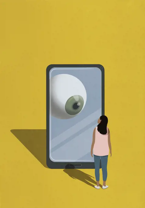 Large eyeball on smart phone watching woman