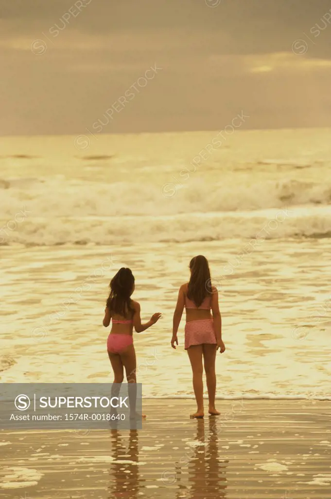 Rear view of two girls standing on the beach