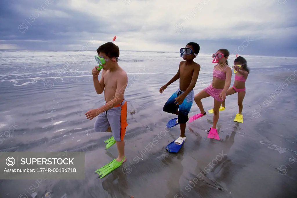 Side profile of two boys and two girls wearing snorkels and flippers on the beach