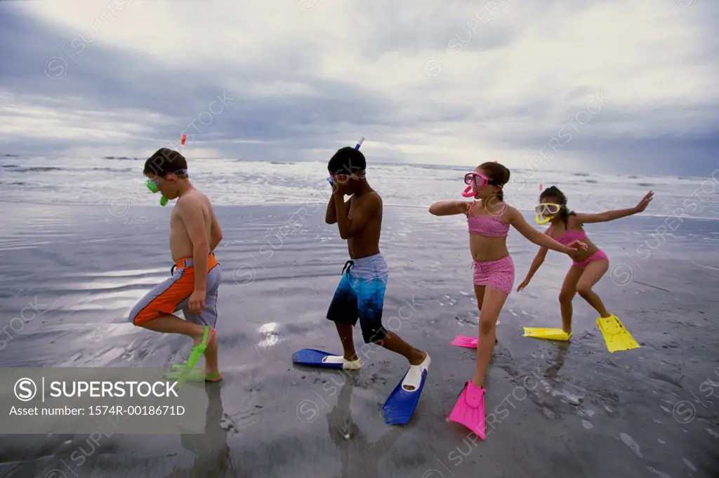 Side profile of two boys and two girls wearing snorkels and flippers on the beach
