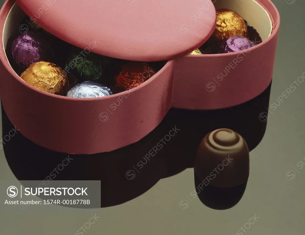 High angle view of chocolate candies in a box