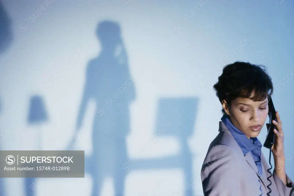 Side profile of a businesswoman talking on a telephone