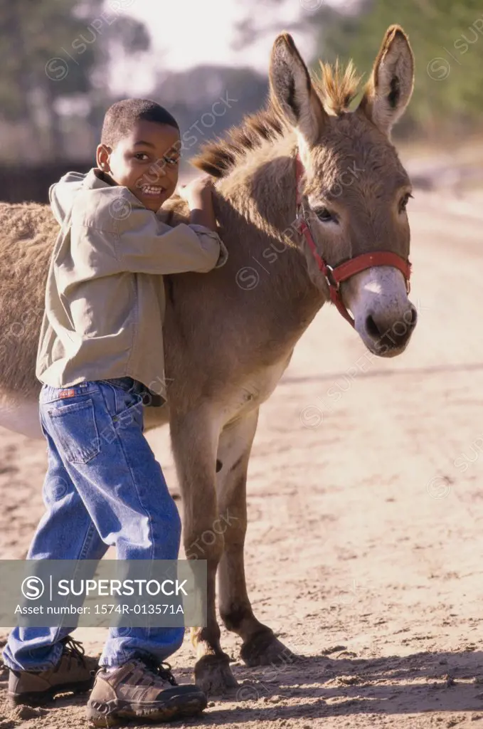 Portrait of a boy standing near a mule