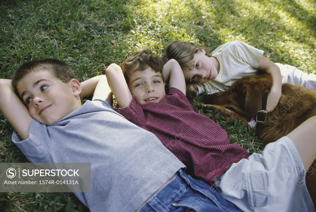 High angle view of two boys and a girl lying on the grass with a dog